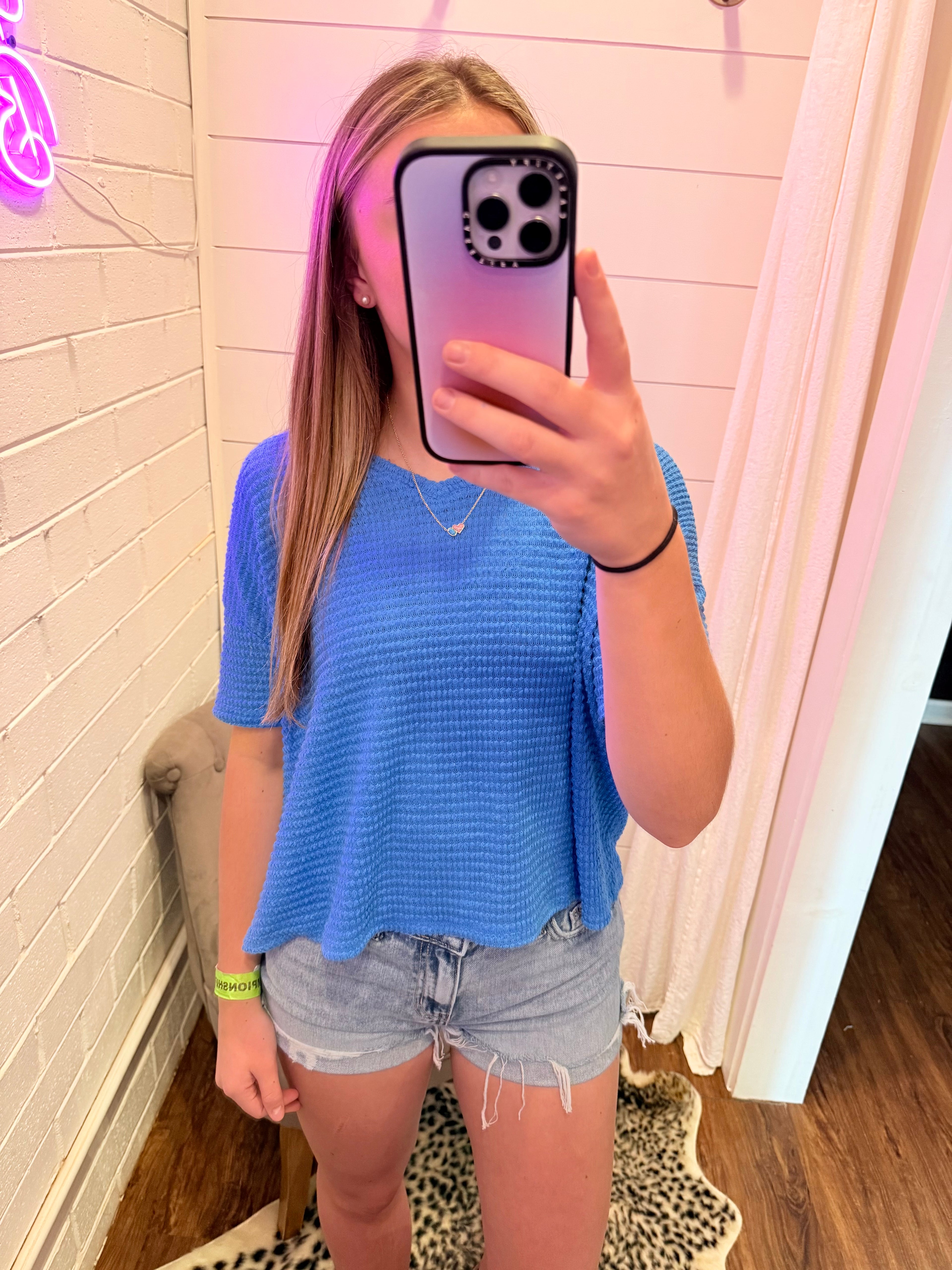 Deep Sky Drop Shoulder Short Sleeve Jacquard Sweater