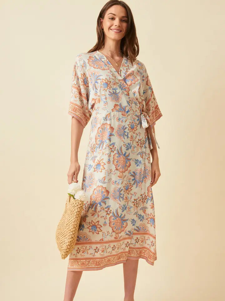 Border Print Side Tie Wrap Dress