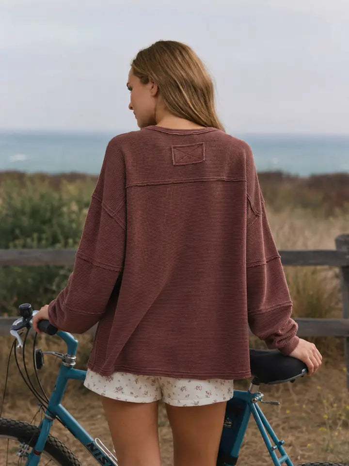 Exposed Seam Detail Long Sleeve Knit Top - Maroon