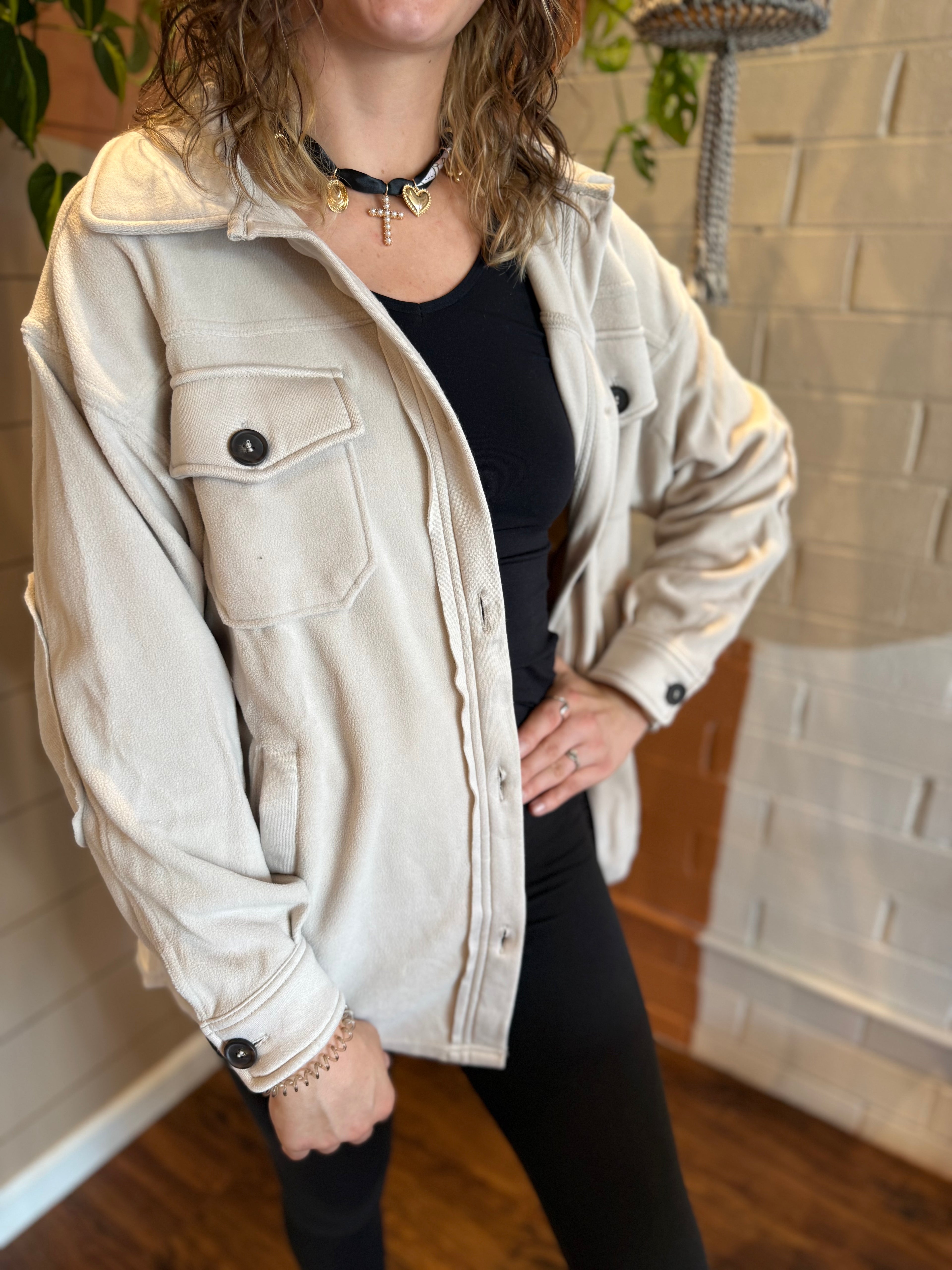 Button Down Fleece Shacket - Beige