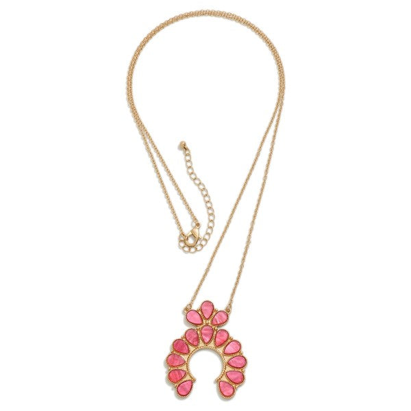 Long Chain Link Necklace Featuring Scalloped Semicircle Pendant With Acetate Teardrop Inlays