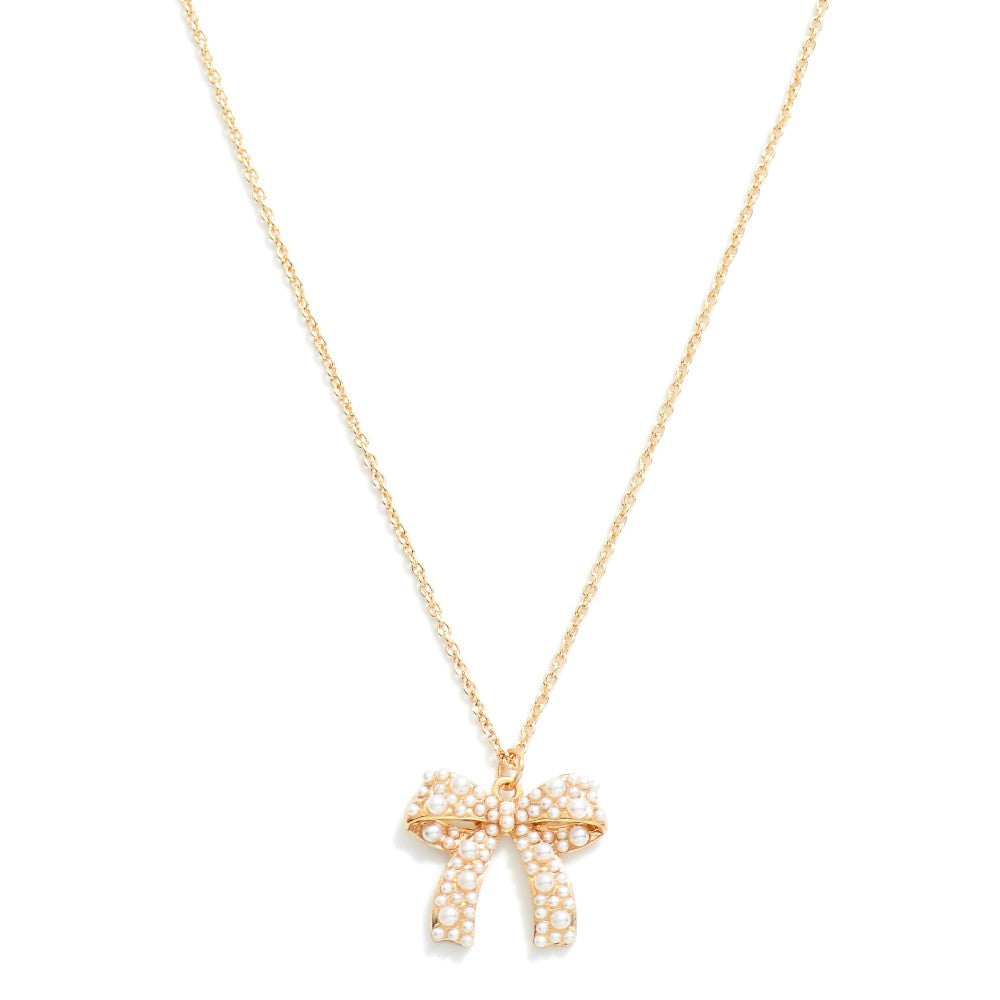 Pearl Studded Bow Pendant Gold Necklace