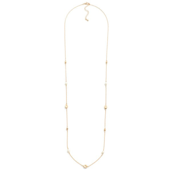 Long Dainty Chain Link Necklace Featuring Pearl and Dimpled Metal Tone -Gold