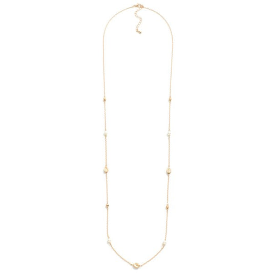 Long Dainty Chain Link Necklace Featuring Pearl and Dimpled Metal Tone -Gold