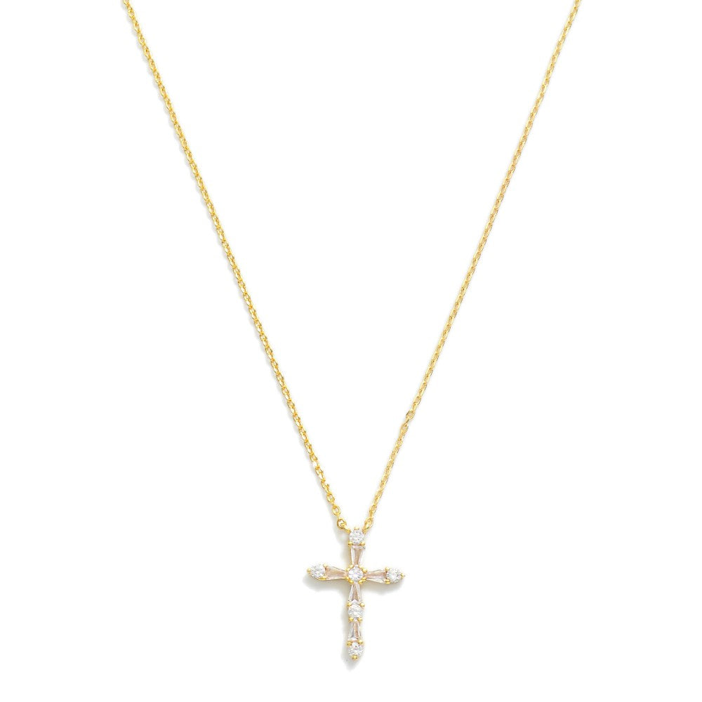 Gold Dipped Dainty Chain Link Necklace Featuring Cubic Zirconia Cross Pendant - Gold