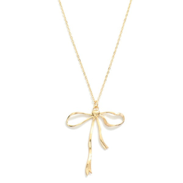 Chain Link Necklace Featuring Metal Bow Pendant - Gold