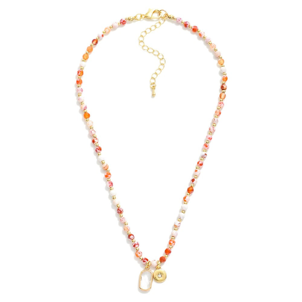 Beaded Stone Necklace Featuring Glass Crystal & Gold Circle Pendant
