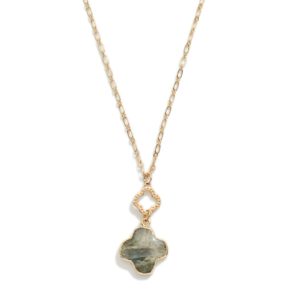 Gold Tone Chain Link Necklace Featuring Linked Hollow Clover & Stone Clover Pendant