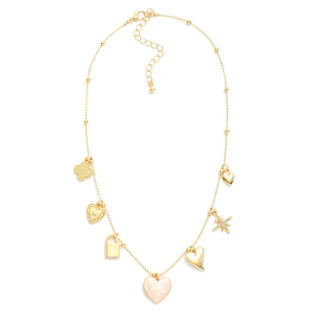 Ball Chain Charm Necklace Featuring Metal Tones, Hearts, &amp; Lock Charms