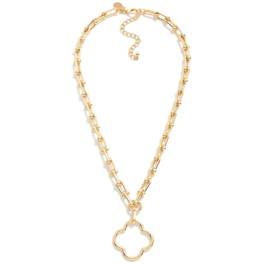 Metal Tone U Link Necklace Featuring Hollow Clover