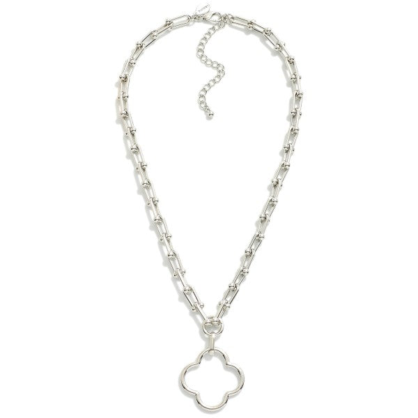 Metal Tone U Link Necklace Featuring Hollow Clover Pendant