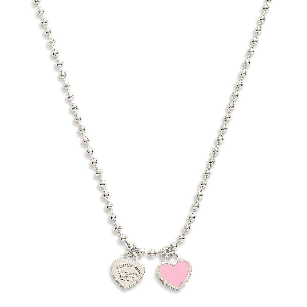 Silver Dipped Ball Chain Necklace Featuring Heart Pendants - Pink