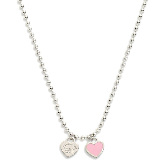 Silver Dipped Ball Chain Necklace Featuring Heart Pendants - Pink