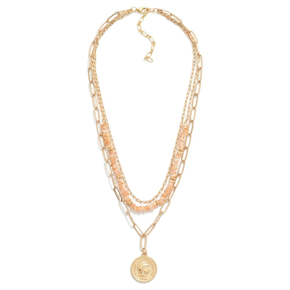 Layered Chain Link Necklace Featuring V Cut Beads & Metal Tone Coin Pendant