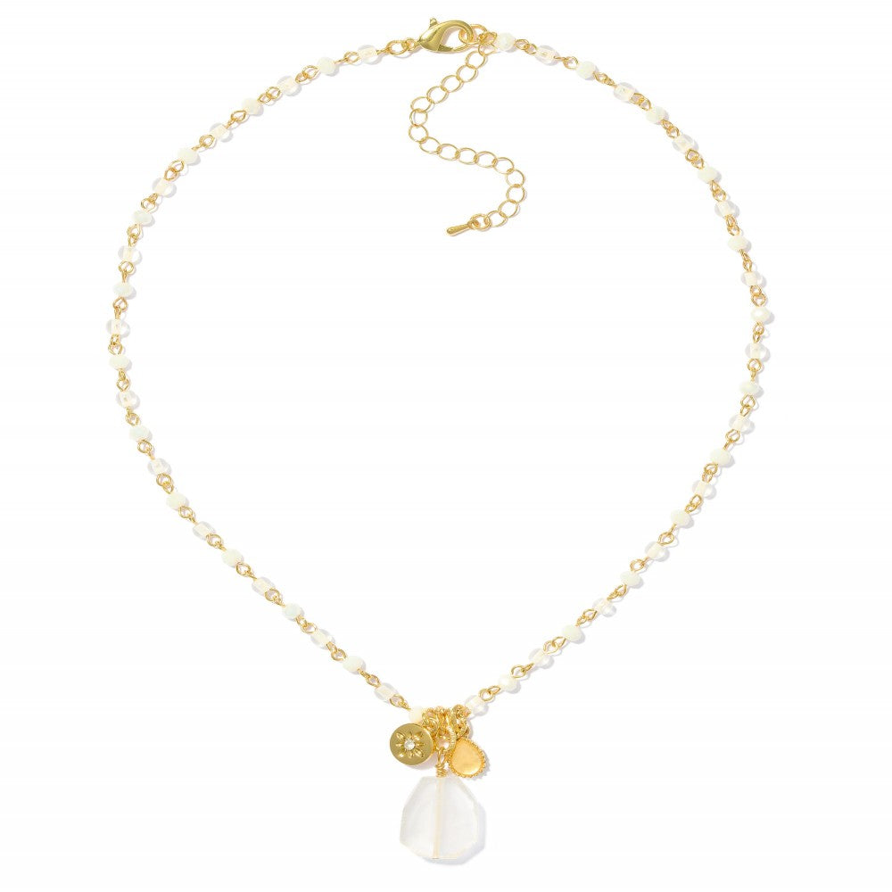 Beaded Chain Link Necklace Featuring Metal Tone Sun & Stone Pendants
