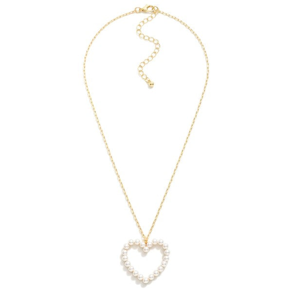 Petite Paperclip Chain Link Necklace Featuring Pearl Studded Hollow Heart Pendant