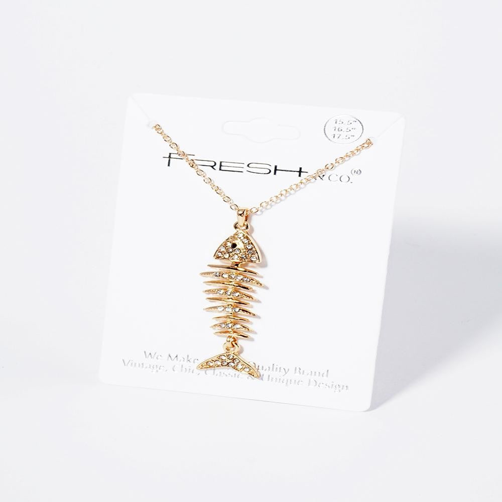 Chain Link Necklace Featuring Rhinestone Studded Fish Skelton Pendant