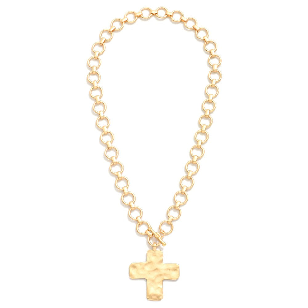 Metal Tone Circle Link Necklace Featuring Cross Pendent  -Gold