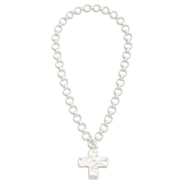 Metal Tone Circle Link Necklace Featuring Cross Pendent