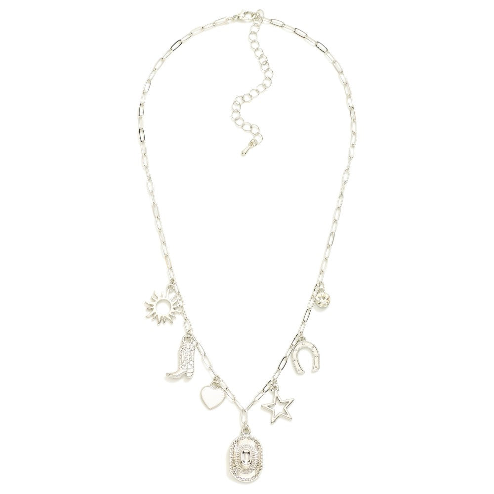 Paperclip Chain Link Charm Necklace w/ Cowboy Charms