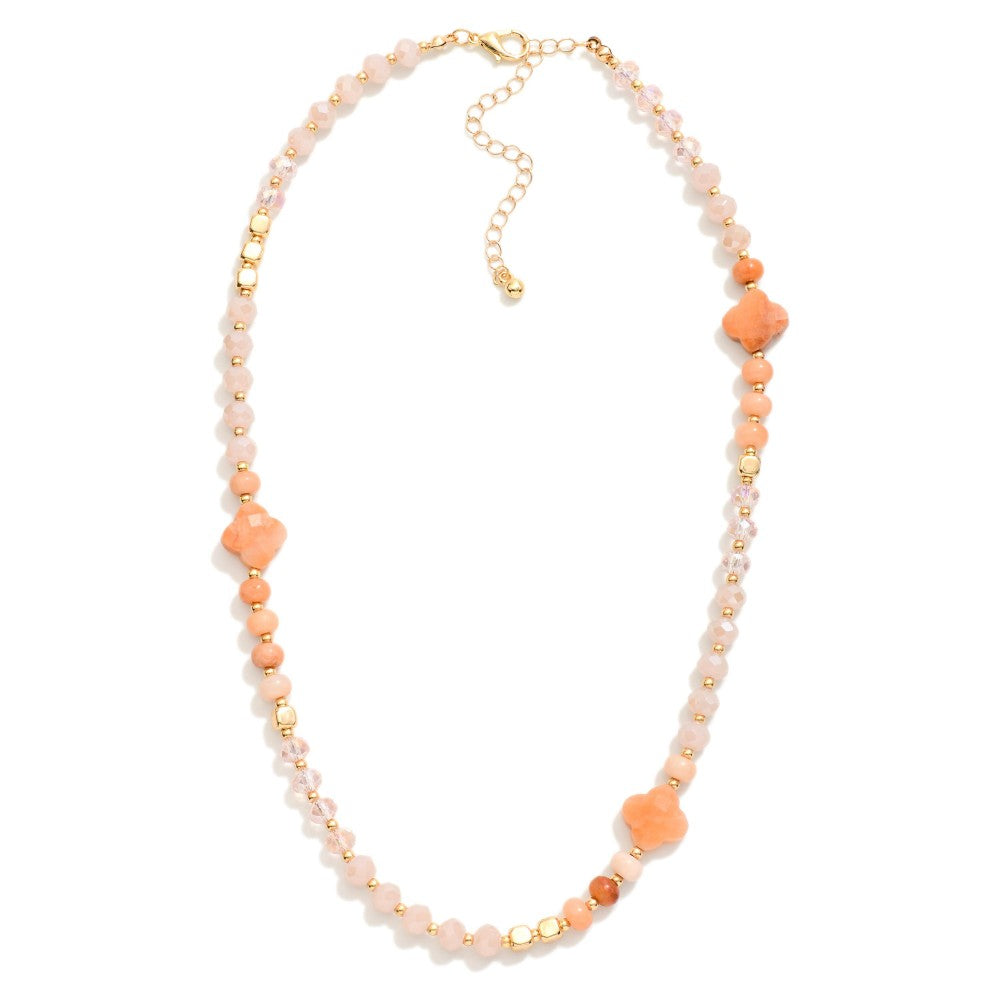 Beaded Necklace Featuring Faceted Beads, Metal Tones, & Stone Clover Stations