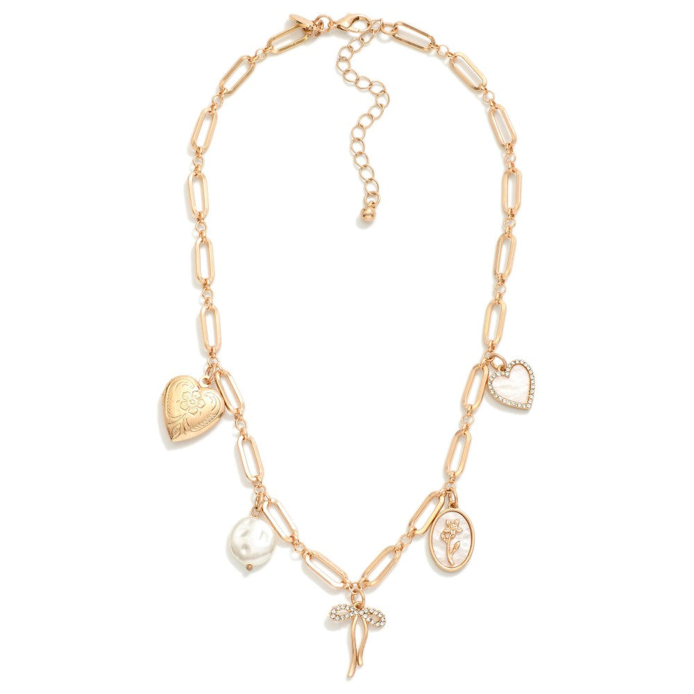 Gold Paperclip Charm Necklace with Rhinestone & Pearls