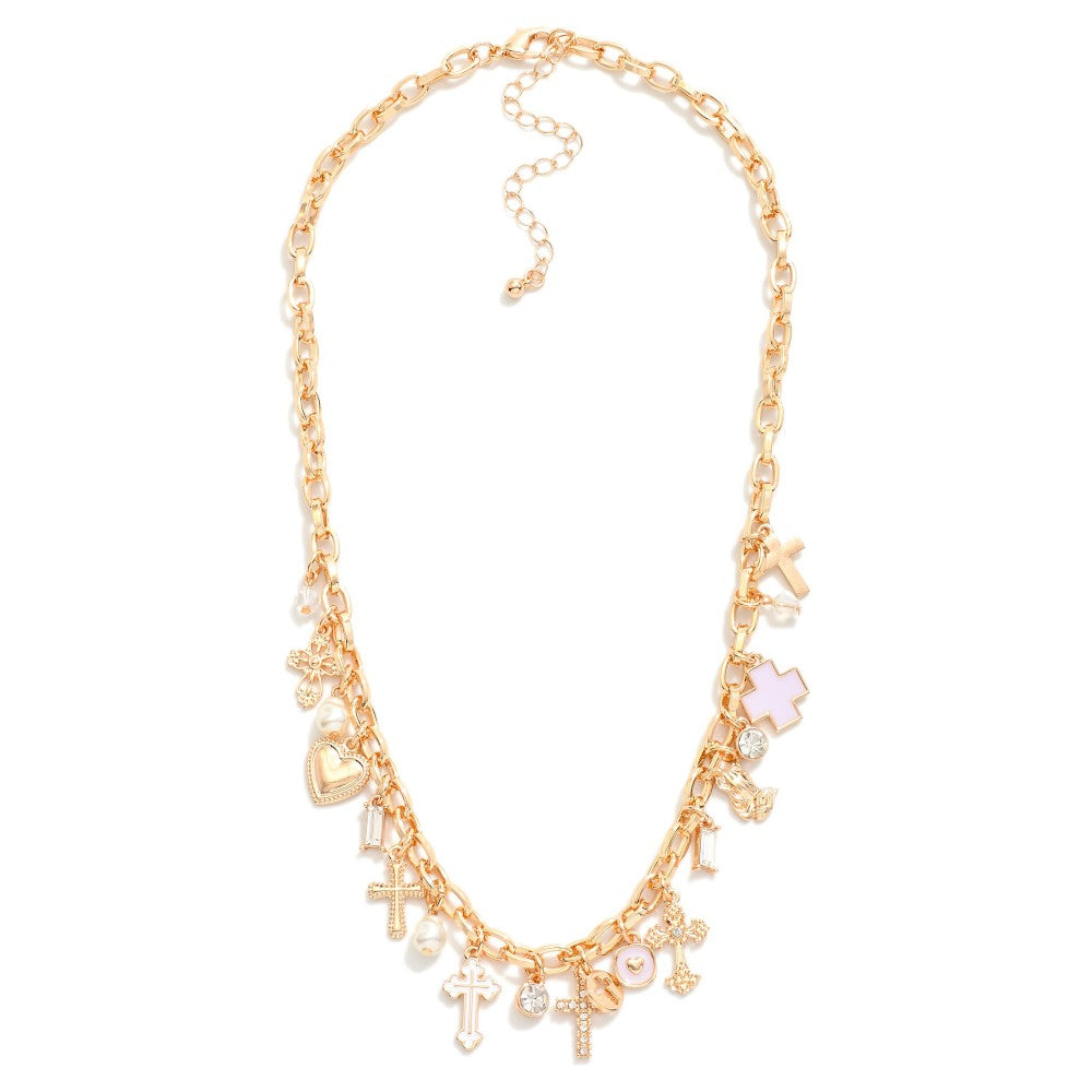 Gold Charm Necklace w/Cross Charms, Pearls & Rhinestones