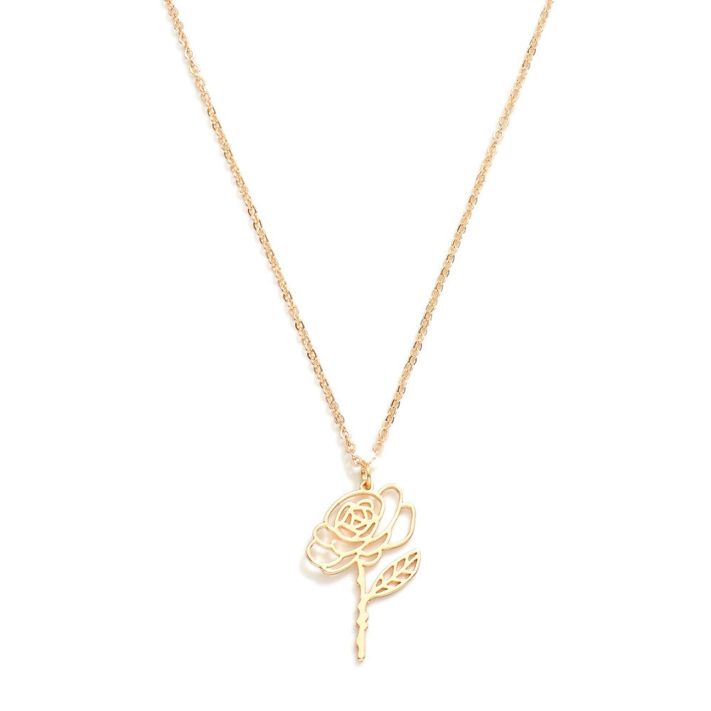 Chain Link Necklace Featuring Metal Tone Rose Pendant