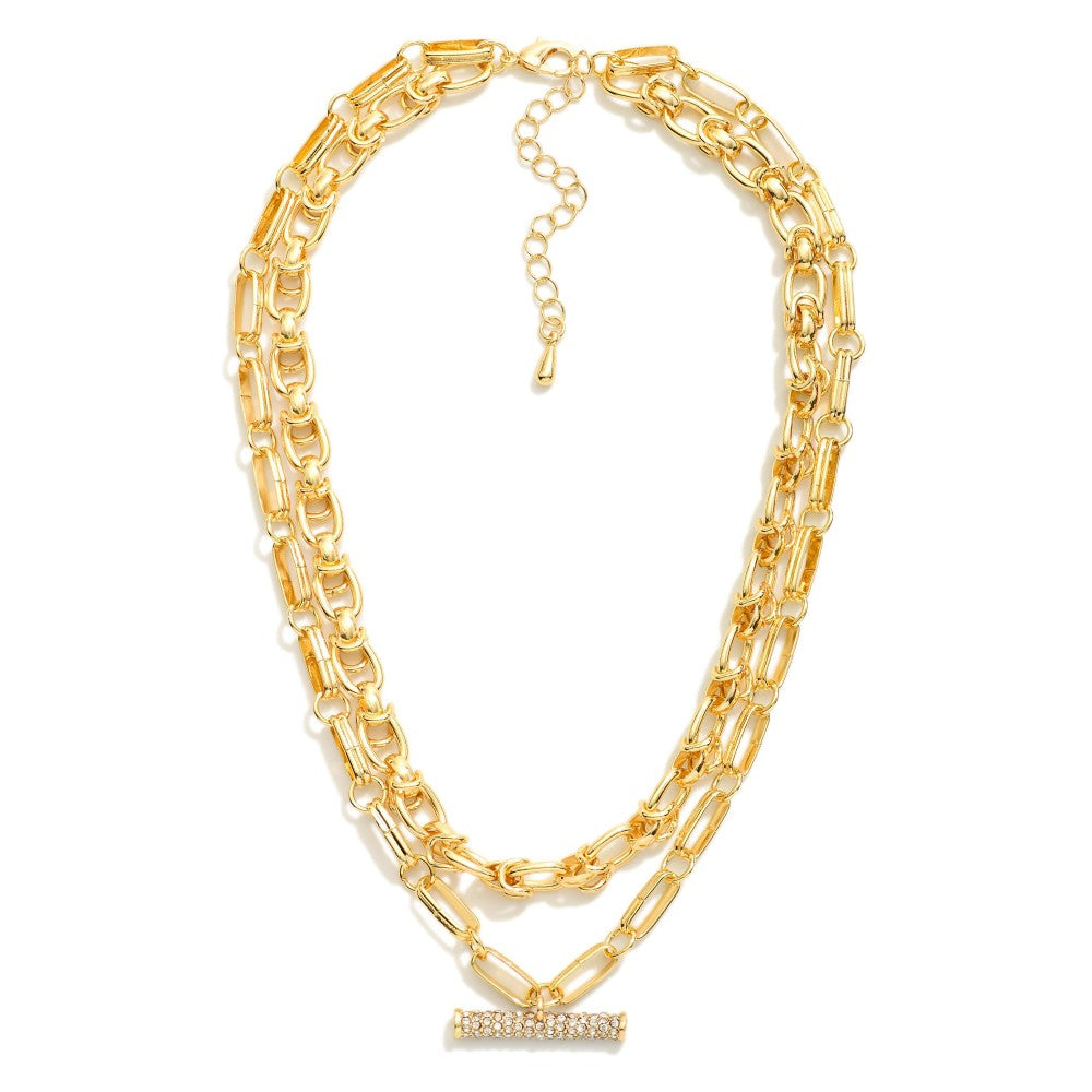 Layered Chain Link Necklace Featuring Pave Rhinestone Bar Pendant