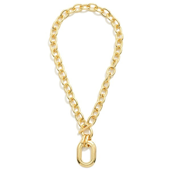 Chunky Metal Tone Chain Link Necklace Featuring Toggle Clasp & Oval Pendant