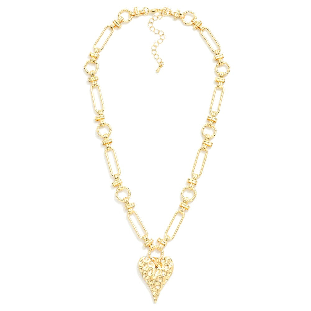 Chain Link Necklace Featuring Textured Metal Circle Stations & Heart Pendant