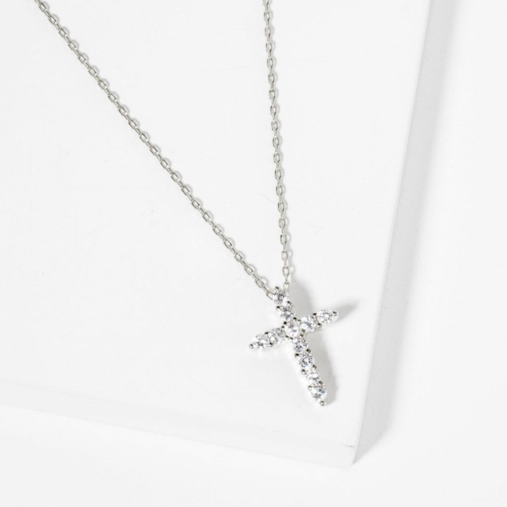 Dainty Chain Link Necklace Featuring Cubic Zirconia Cross Pendant -Silver