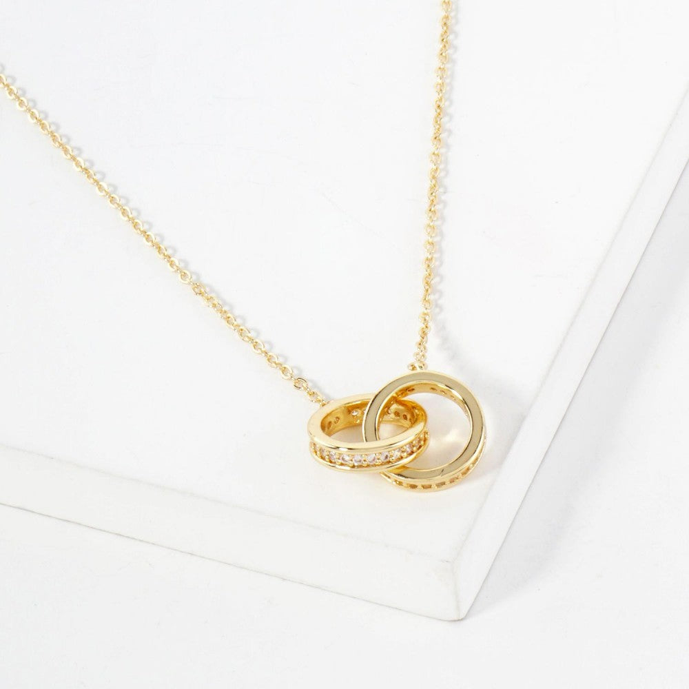 Dainty Chain Link Necklace Featuring Linked Cubic Zirconia Hoop Pendant - Gold