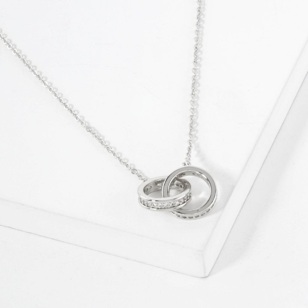 Dainty Chain Link Necklace Featuring Linked Cubic Zirconia Hoop Pendant - Silver