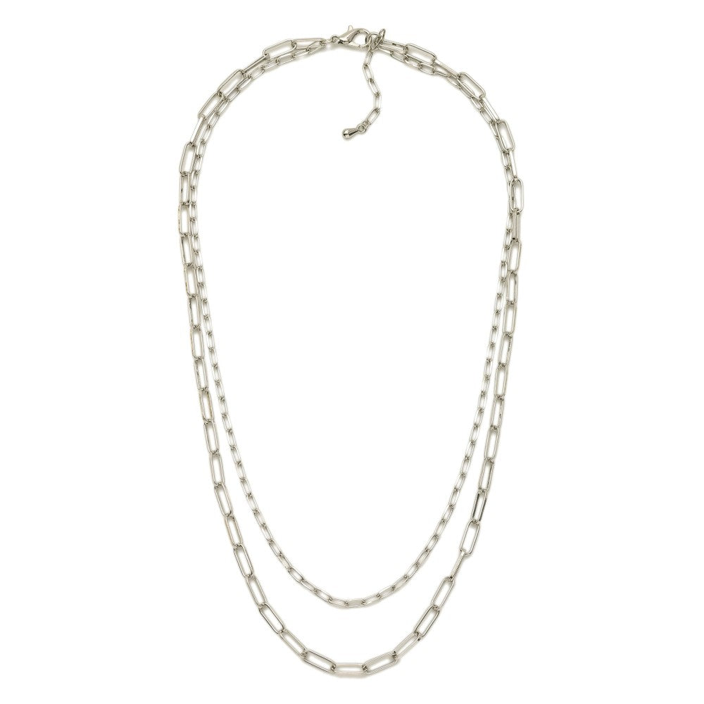 Layered Paperclip Chain Link Necklace - Silver