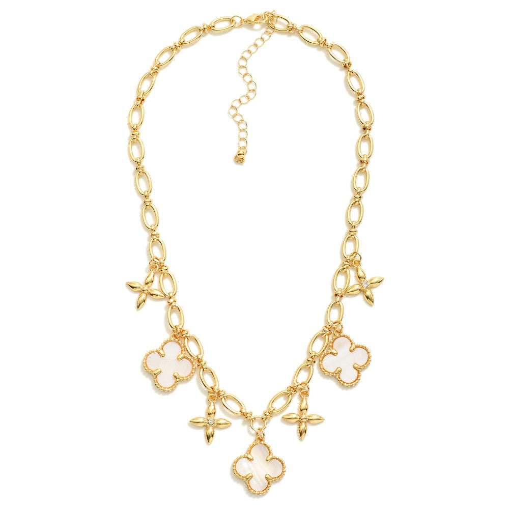 Chain Link Charm Necklace Featuring Pearlescent Clovers & Star Charms