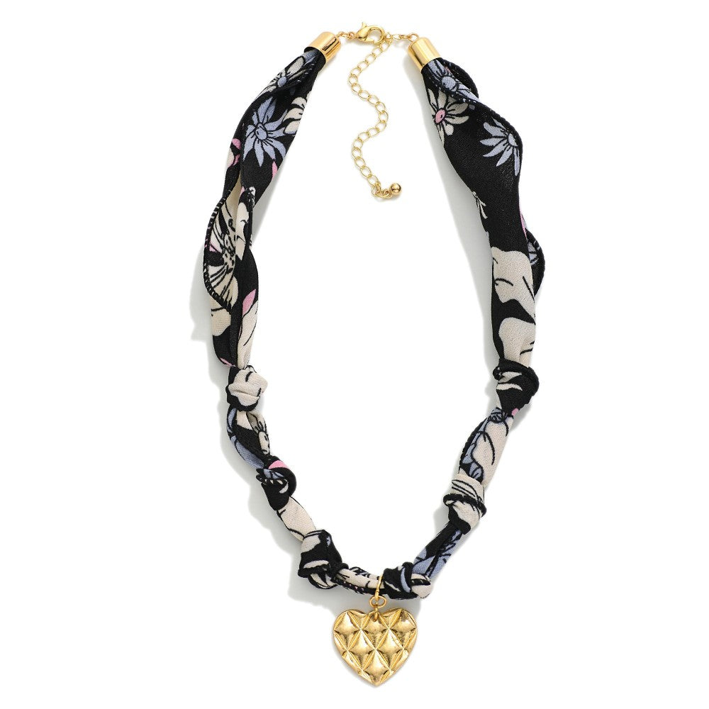 Floral Scarf Necklace Featuring Heart Pendant