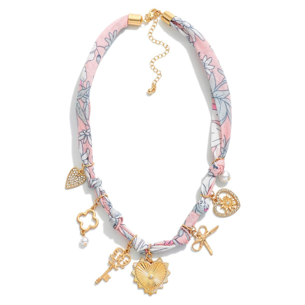 Floral Bandana Charms Necklace Featuring Pearls, & Rhinestones
