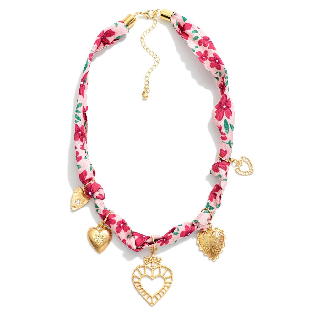 Floral Bandana Necklace Featuring Gold Tones And Heart Charms