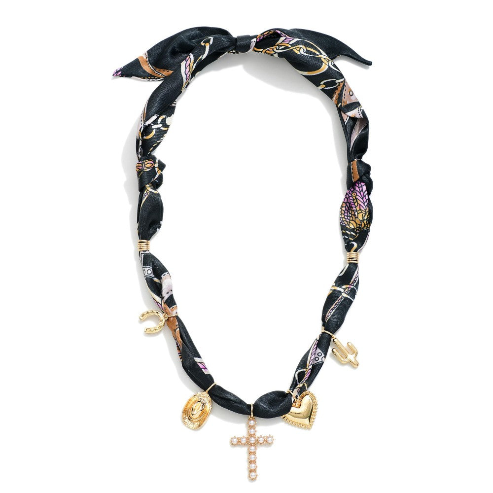 Bandana Necklace Featuring Pearls And Western Charms - Black