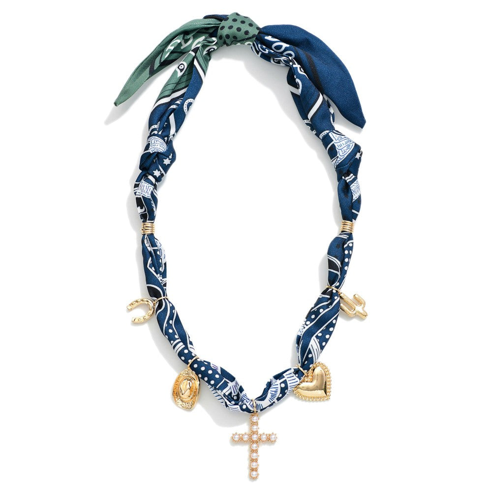 Bandana Necklace Featuring Pearls And Western Charms - Blue