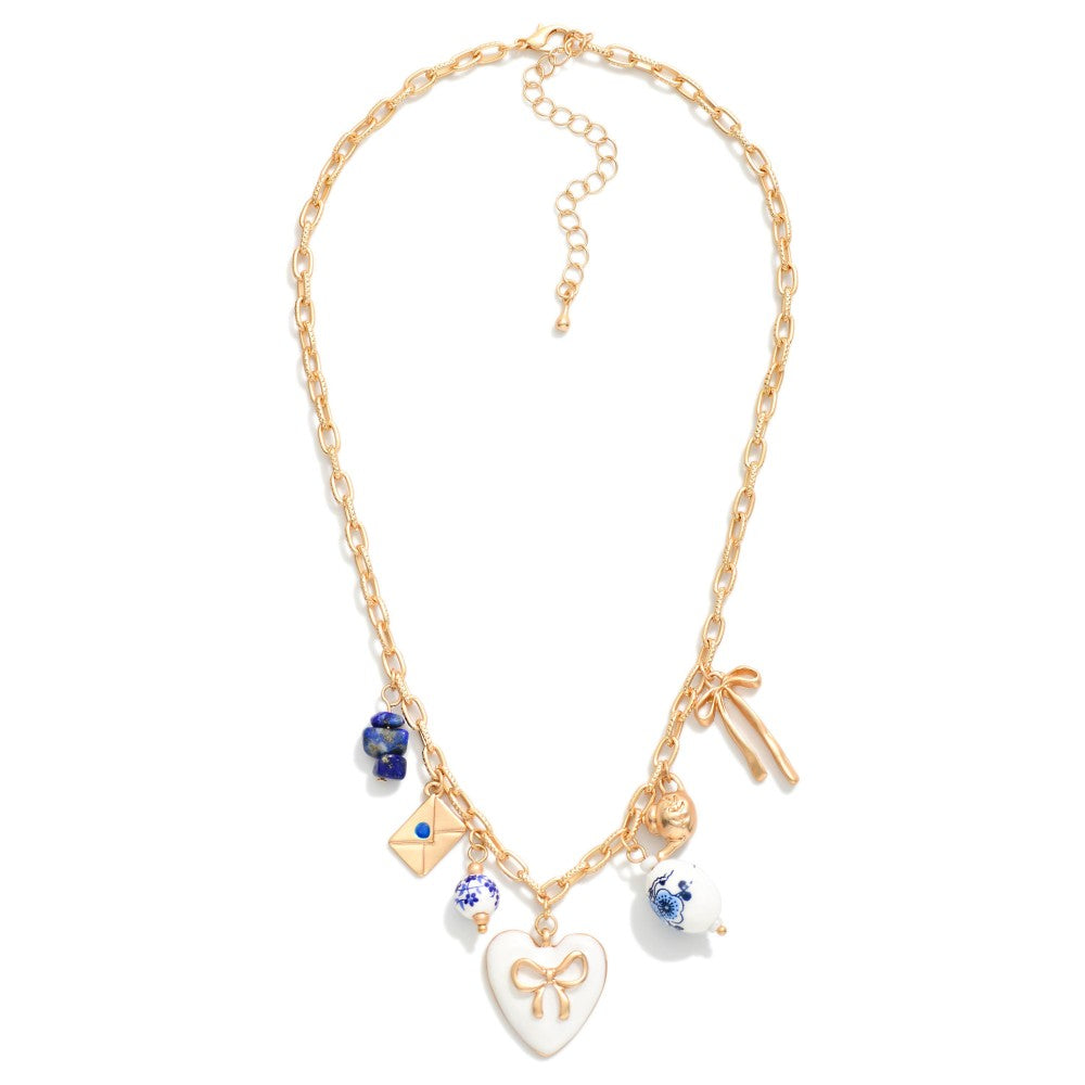 Chain Link Necklace Featuring Metal Tones & Porcelain Charms Blue