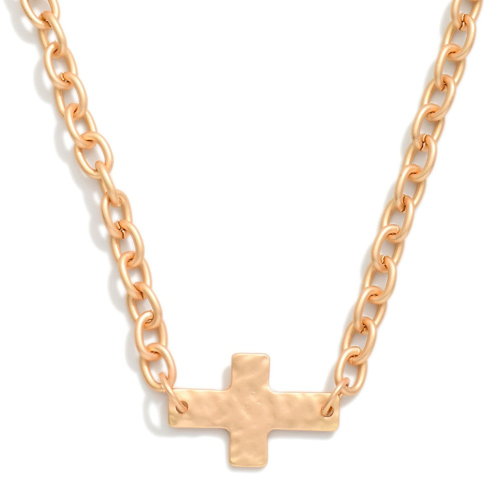 Chain Link Necklace Featuring Hammered Cross Pendant  - Gold
