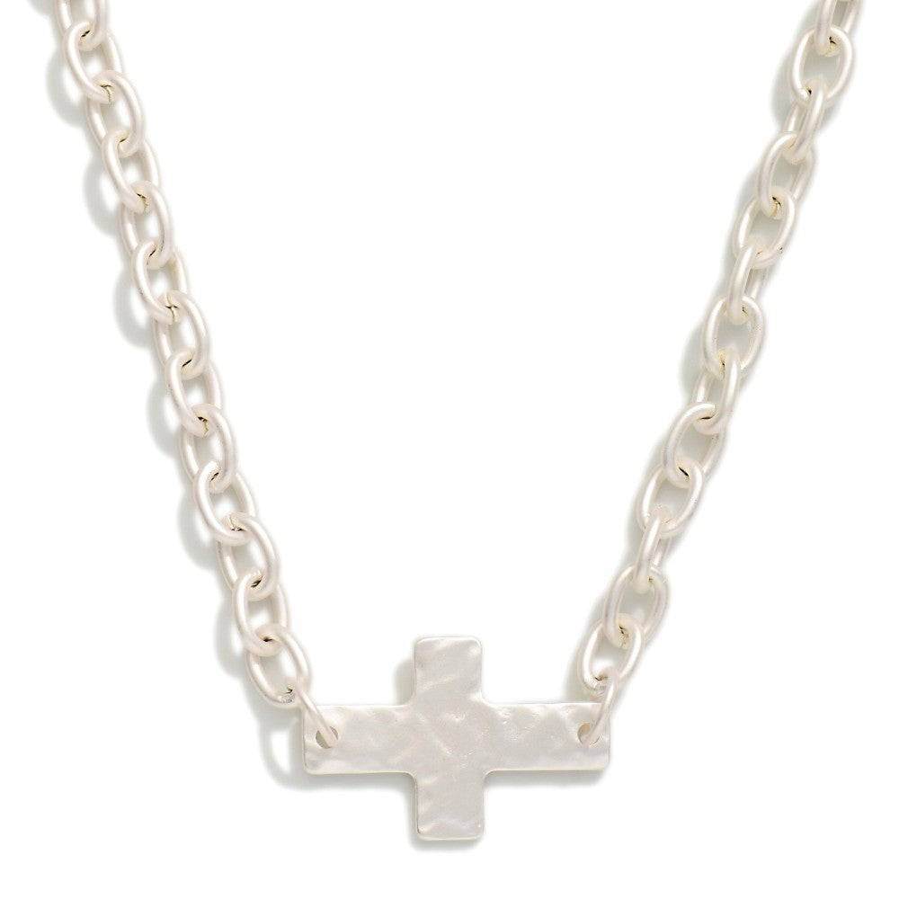 Chain Link Necklace Featuring Hammered Cross Pendant  - Silver