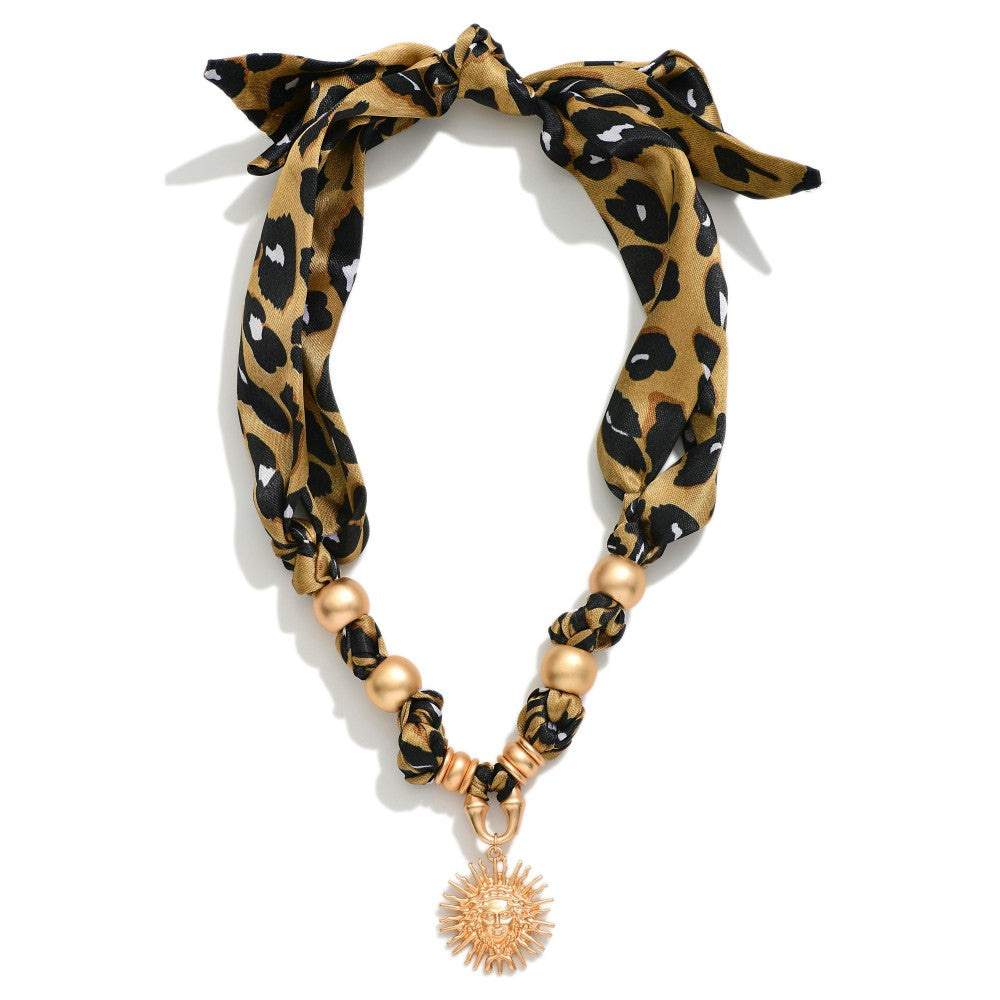 Leopard Bandana Charm Necklace Featuring Gold Tones, And Sun Pendant
