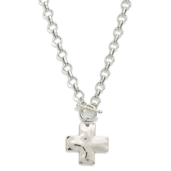 Circle Chain Link Necklace Featuring Cross Pendant & Toggle Clasp