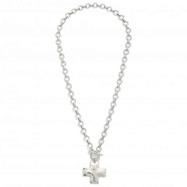 Circle Chain Link Necklace Featuring Cross Pendant & Toggle Clasp
