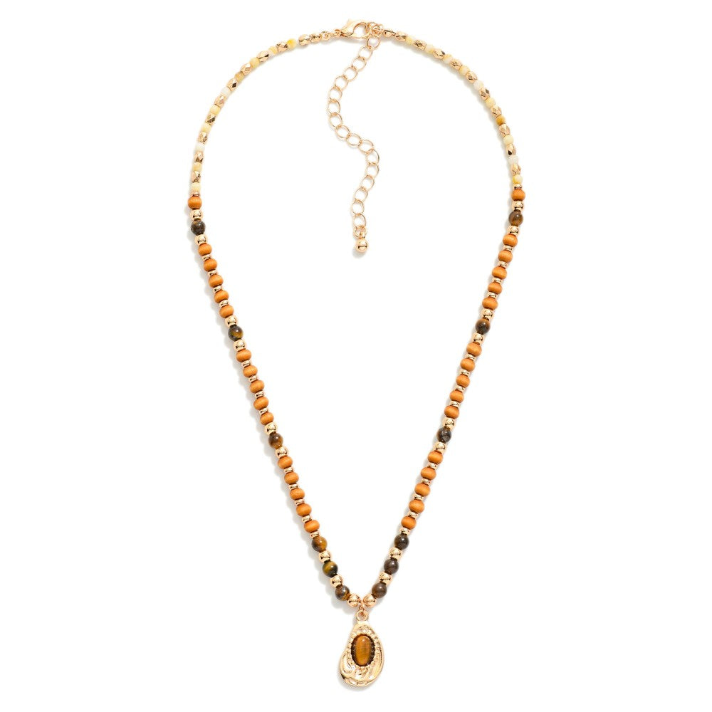 Wood & Stone Beaded Necklace Featuring Teardrop Pendant