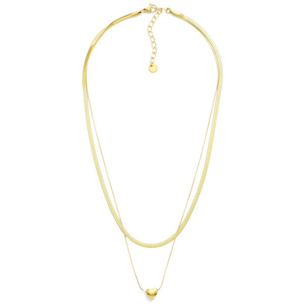 Layered Chain Link Necklace Featuring Herringbone Chain & Heart Pendant