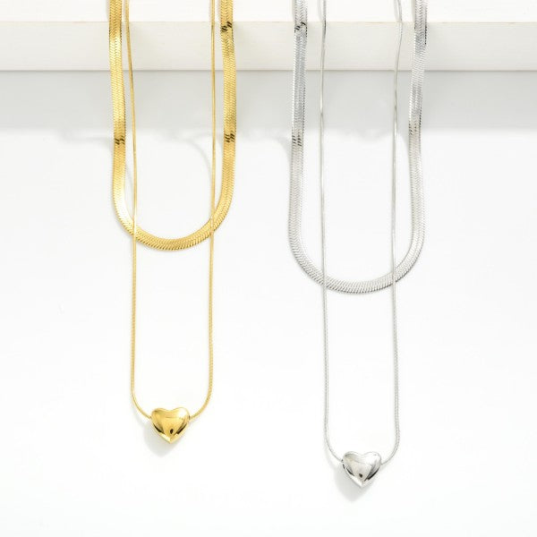 Layered Chain Link Necklace Featuring Herringbone Chain & Heart Pendant